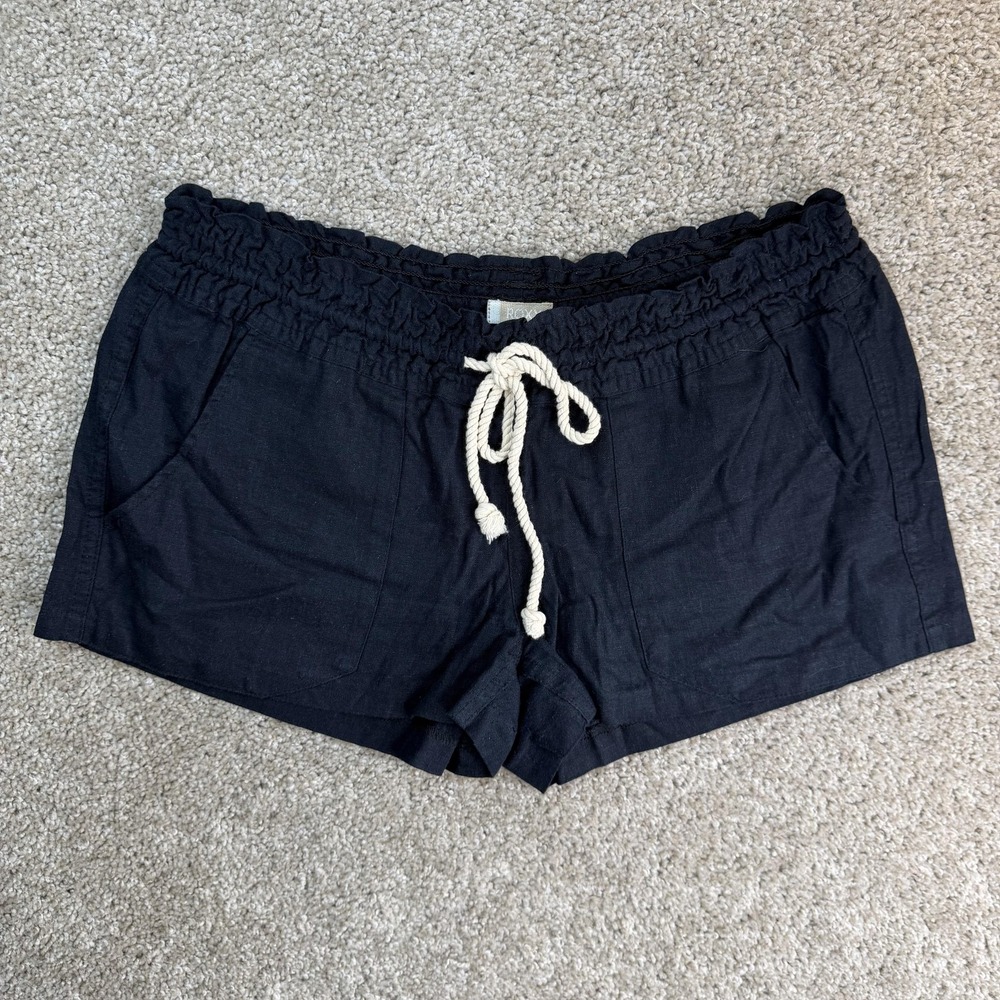 Roxy Paperbag Shorts Womens L Blue Linen Blend Rope Drawstring Summer Casual